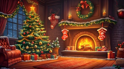 Fototapeta premium Christmas tree with fireplace and stockings for xmas promotion