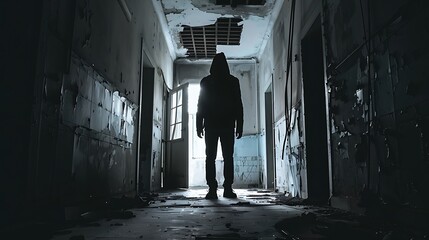 Silhouette in an abandoned building, with light streaming through a broken door, creating a sense of mystery and intrigue.