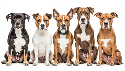 Fototapeta premium Five dogs sitting in a row, isolated on white background.