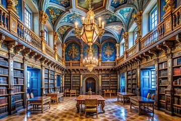Obraz premium Historic University of Coimbra's stunning blue-tiled Baroque library interior, ornate chandeliers, and wooden shelves