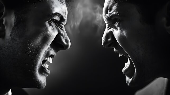 Powerful black and white portrait of two men facing each other with intense anger yelling for expressing strong emotions conflict and human passion concept.
