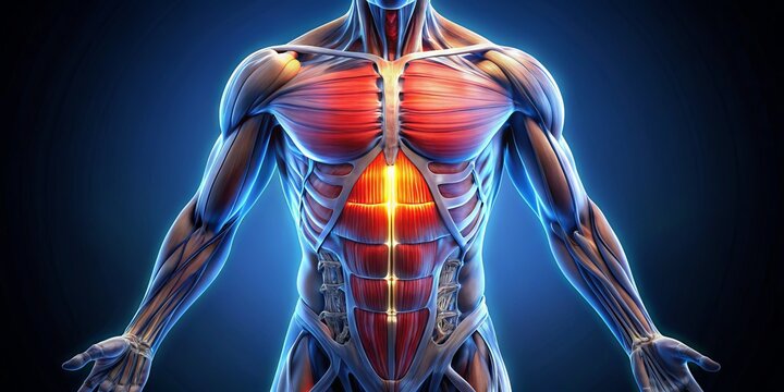 Illuminated 3D illustration of the transversus abdominis muscle, the deepest abdominal muscle, wrapping around the