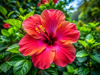 A radiant hibiscus flower opens beautifully, showcasing its bright hues amidst a lush green setting, perfect for an