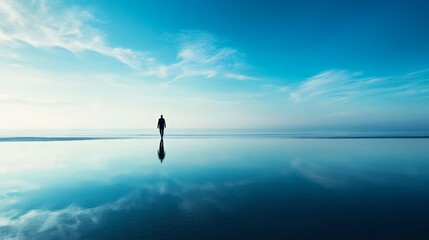 Serene Shoreline Stroll, tranquil sea mirroring clear blue sky, silhouette of a person walking along the shore, evoking peace and solitude in a picturesque setting