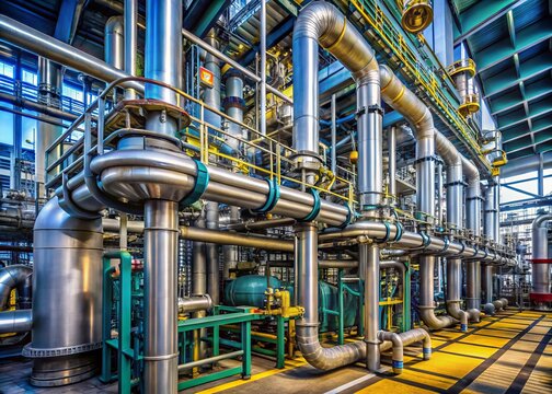 Industrial plant pipework and valves conveying ethylene gas, a critical petrochemical feedstock used in manufacturing