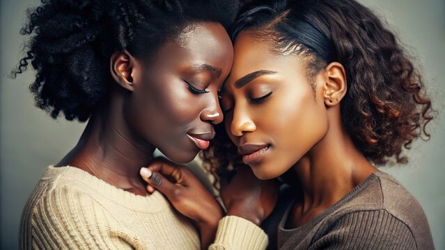 Intimate moment between two dark-skinned women, embracing and gazing lovingly, with tender hands and soft facial