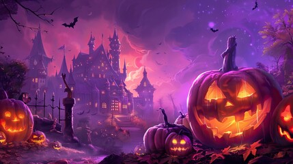 Fototapeta premium Purple background of pumpkins and castle, Halloween elements, Happy Halloween&nbsp; 