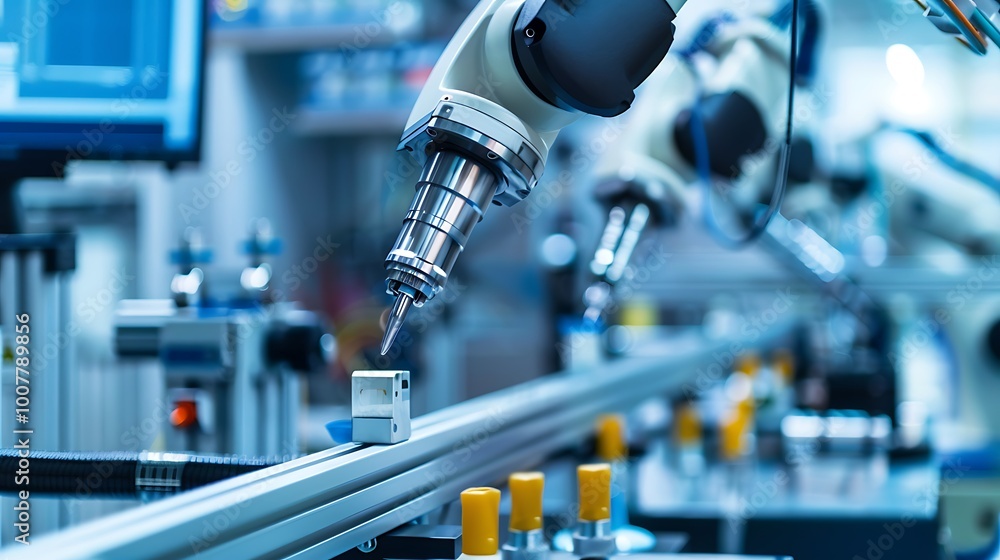 Poster close-up shot of an industrial robot arm assembling parts on a conveyor belt in a factory setting.