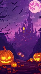 Fototapeta premium Purple background of pumpkins and castle, Halloween elements, Happy Halloween 