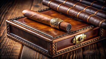 Luxurious, hand-rolled cigar with intricate band and golden tip, resting on a leather-bound humidor, surrounded by