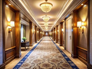 Luxurious hotel corridor with soft carpet, elegant furnishings, and modern lighting, stretching into the distance,