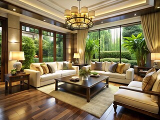 Luxurious living room with cream-colored sofas, dark wood accents, and floor-to-ceiling drapes, surrounded by lush