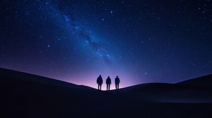 Desert Night Adventure, a mesmerizing clear night sky adorned with countless stars, silhouettes of wanderers exploring the enchanting desert landscape, evoking adventure and wonder.