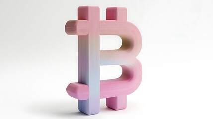 Obraz premium A 3D-rendered Bitcoin symbol glows in a pink and blue gradient, a digital marvel in soft hues.