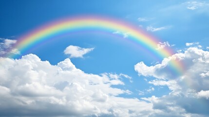 Vibrant Rainbow Over Clear Blue Sky, a serene landscape featuring a colorful rainbow arching gracefully against a backdrop of fluffy white clouds after a refreshing rain shower