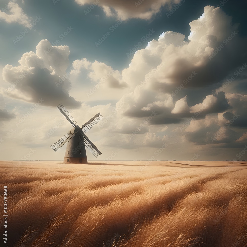 Poster Old windmill in a wheat field. Photo in old color image style generated by AI