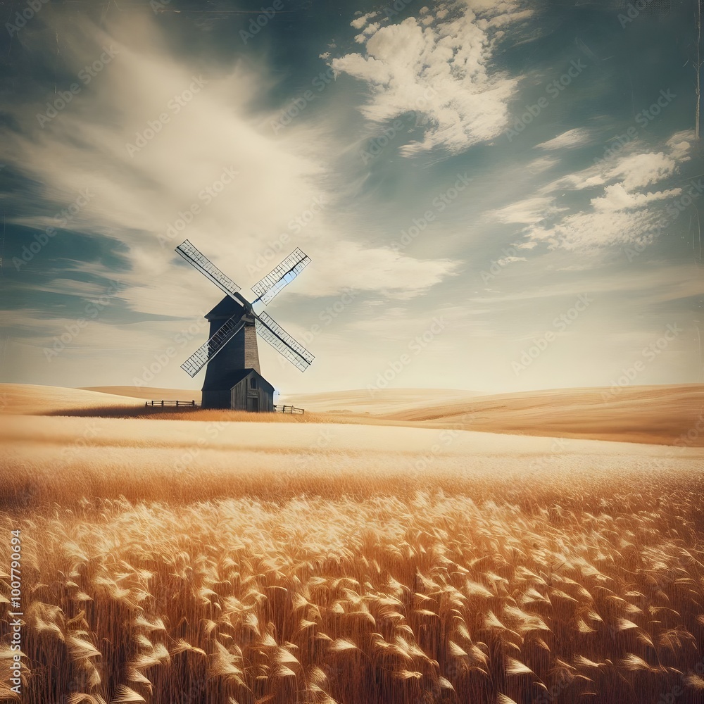 Poster old windmill in a wheat field. photo in old color image style generated by ai
