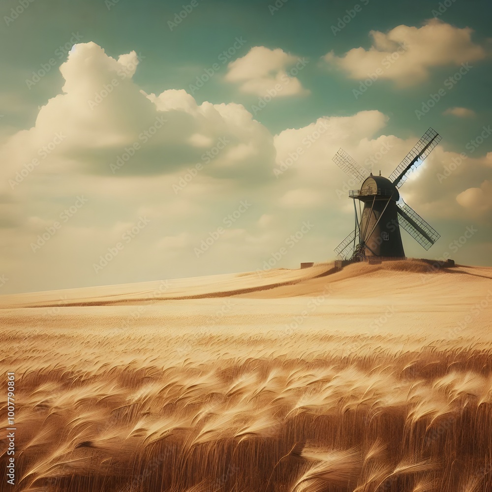Poster old windmill in a wheat field. photo in old color image style generated by ai