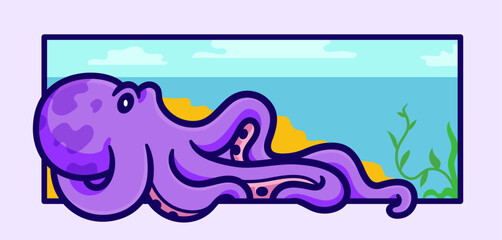 Octopus purple with playful and Relaxing in the ocean cute cartoon vector illustration