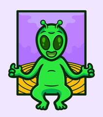 Green Alien Character Sitting on a Colorful Background with Friendly Expressions