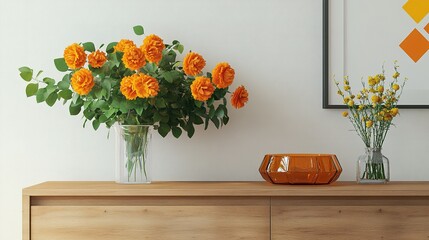 Cheerful Modern Space: Fresh Blooms in Bright Orange and Yellow on Wooden Sideboard with Geometric Decor and Retro Glass Dish - Mock Up