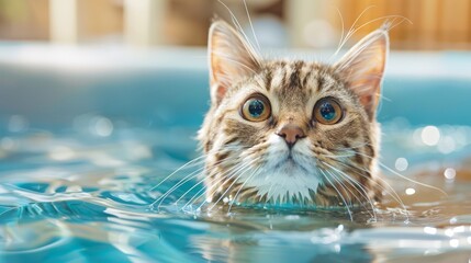 Cute Cat Enjoying Hydrotherapy in Shallow Pool