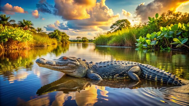Majestic alligator basks in the serene waters of the Florida Everglades, surrounded by lush green mangroves and vibrant