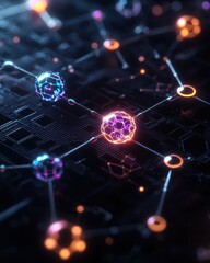 Obraz premium A vibrant digital network showcasing interconnected, glowing particles against a dark background, symbolizing technology and innovation.