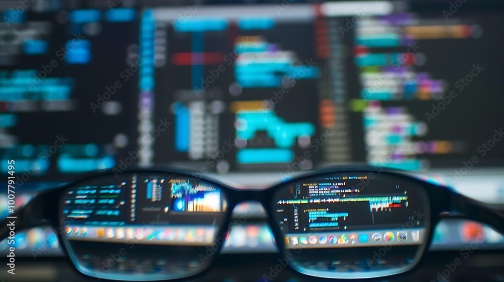 Poster glasses reflecting a computer screen displaying lines of code.