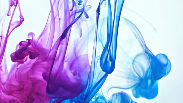 Ink drops in water, spreading and merging like fluid paint, blending shades of blue and purple.