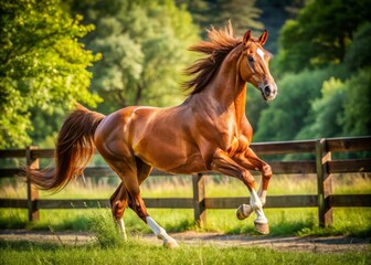 Majestic horse in elegant tack, executing precise movements, ears forward, muscles rippling beneath gleaming coat,