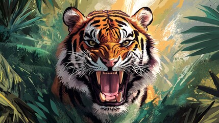 Majestic Roaring Tiger in Vibrant Jungle - Wall Art Design for Promotional Text Space