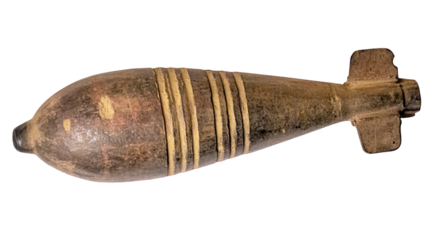 Projectile, bomb, rocket isolated on white background. Large exploding military weapon, dropped from the air. The shell of the second world war.