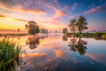 Fototapeta premium At dawn, a tranquil lake shrouded in mist reflects softly beneath a serene atmosphere, as the soft light