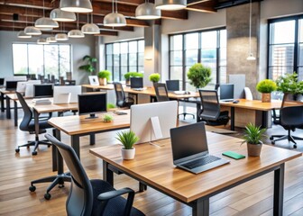 Masks and social distancing signs adorn a modern office space with empty desks and chairs, conveying a sense