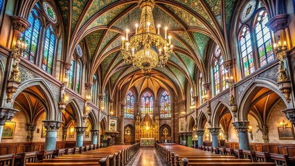 Fototapeta premium Majestic vaulted ceiling with intricate stone carvings, ornate chandeliers, and stained glass windows adorns the