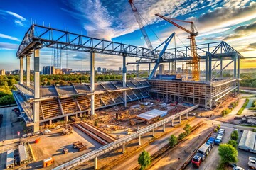 Massive steel beams and cranes dominate the landscape as a state-of-the-art sports stadium takes shape amidst a