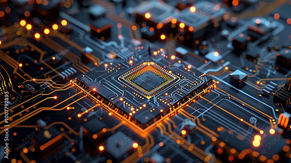 Poster circuit board with a central processor, illuminated by glowing orange lights. the intricate pathways