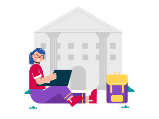 Student sitting in the front yard of the campus. Campus illustrations. Flat vector illustration.