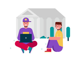 Students sitting in the front yard of the campus. Campus illustrations. Flat vector illustration.