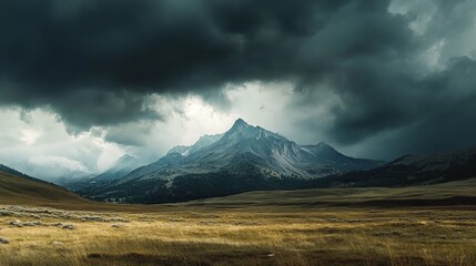 Fototapeta premium Dramatic Mountain Landscape Under Impending Storm, a striking scene featuring rugged peaks shrouded in dark clouds, evoking feelings of anticipation and nature's power.