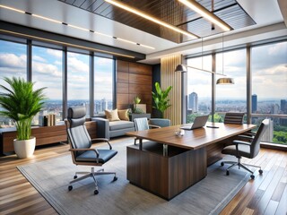 Modern corporate office interior with sleek furniture, large windows, and a prominent logo display on a wall, conveying