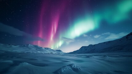 Fototapeta premium Vibrant Aurora Borealis Illuminating the Night Sky, Extraordinary display of Northern Lights in vivid colors, enchanting reflections on a snow-covered landscape, breathtaking natural wonder.