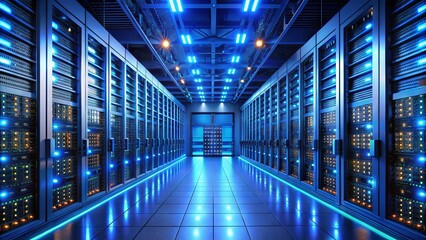 Modern data center with rows of sleek, high-tech servers and glowing blue LED lights, surrounded by neatly organized