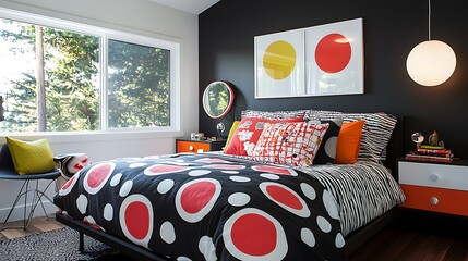 A modern bedroom with black walls, colorful bedding, and abstract art adding a creative touch.