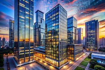 Obraz premium Modern high-rise building's gleaming glass and steel facade reflects vibrant city lights at dusk, showcasing urban