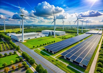 Modern industrial facility with rows of sleek solar panels and wind turbines generating renewable energy, surrounded by