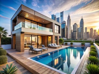 Modern luxury villa with private pool and outdoor seating area, set against a breathtaking backdrop of Dubai's iconic