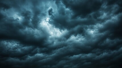 Intense Storm Front, dramatic dark clouds gathering, flashes of lightning illuminate the sky, raindrops begin to fall, an atmosphere charged with energy and anticipation.