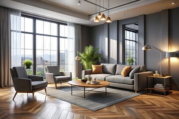 Modern minimalist living room with sleek grey walls, polished wooden floor, and stylish furniture, illuminated by soft